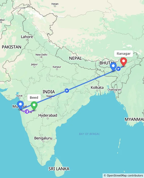 Route map showing distance and travel time from Beed, India to Itanagar, India