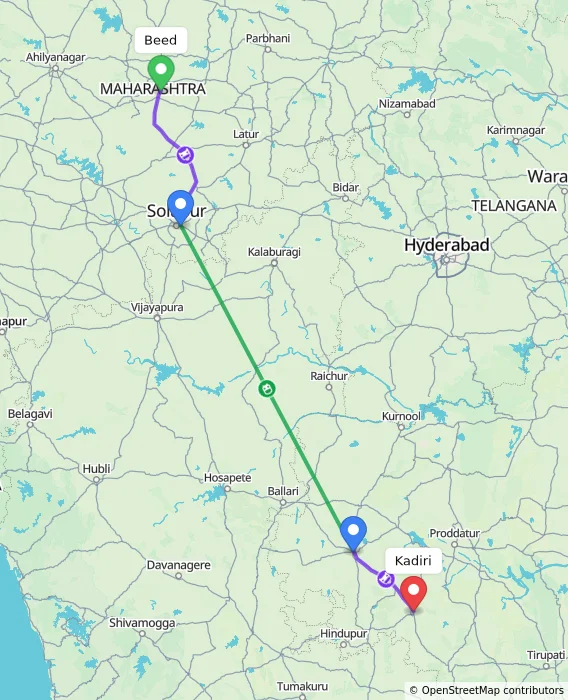 Route map showing distance and travel time from Beed, India to Kadiri, India