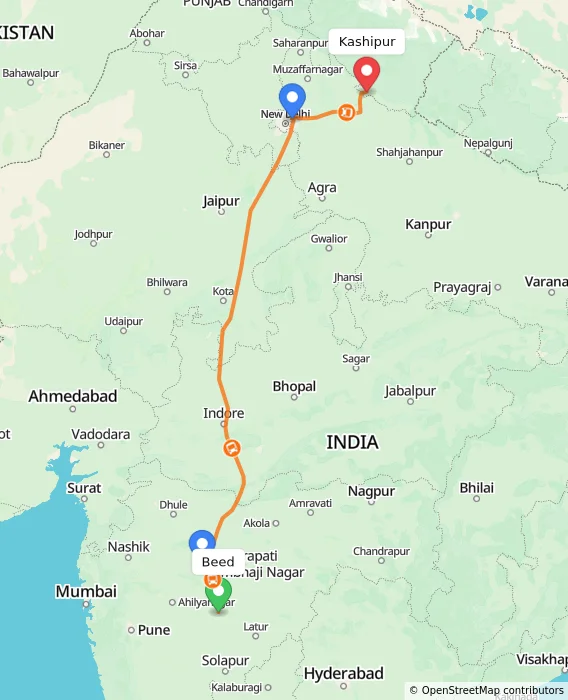 Route map showing distance and travel time from Beed, India to Kashipur, India