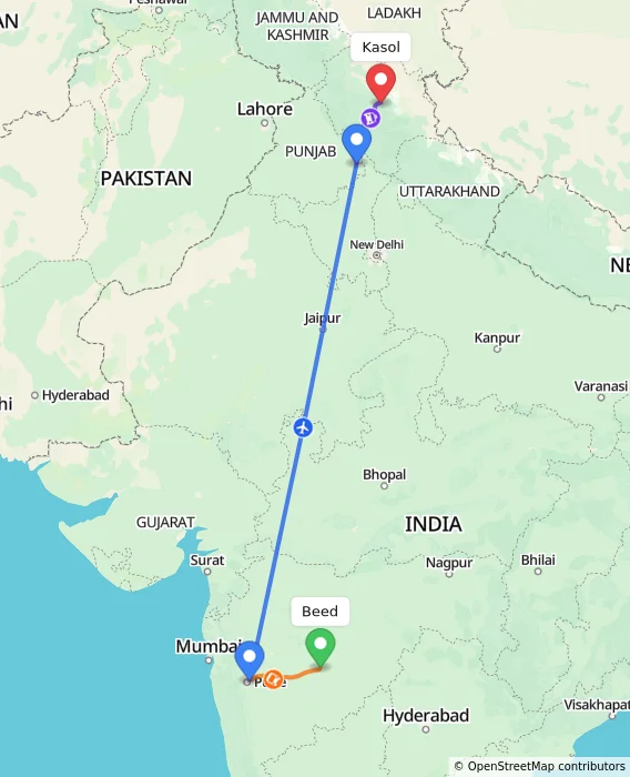 Route map showing distance and travel time from Beed, India to Kasol, India