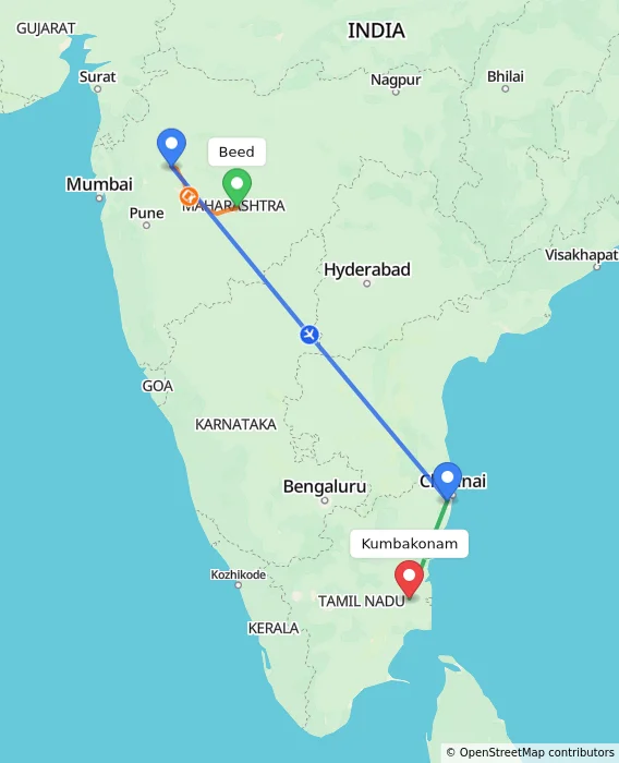 Route map showing distance and travel time from Beed, India to Kumbakonam, India