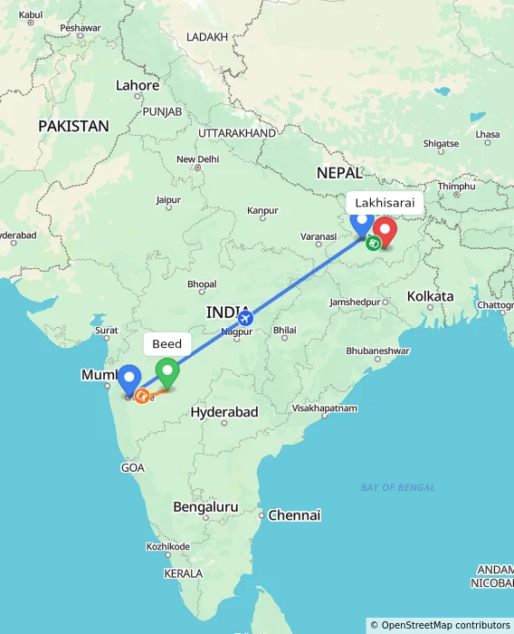 Route map showing distance and travel time from Beed, India to Lakhisarai, India