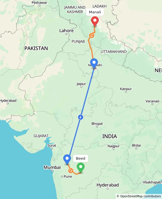 Route map showing distance and travel time from Beed, India to Manali, India