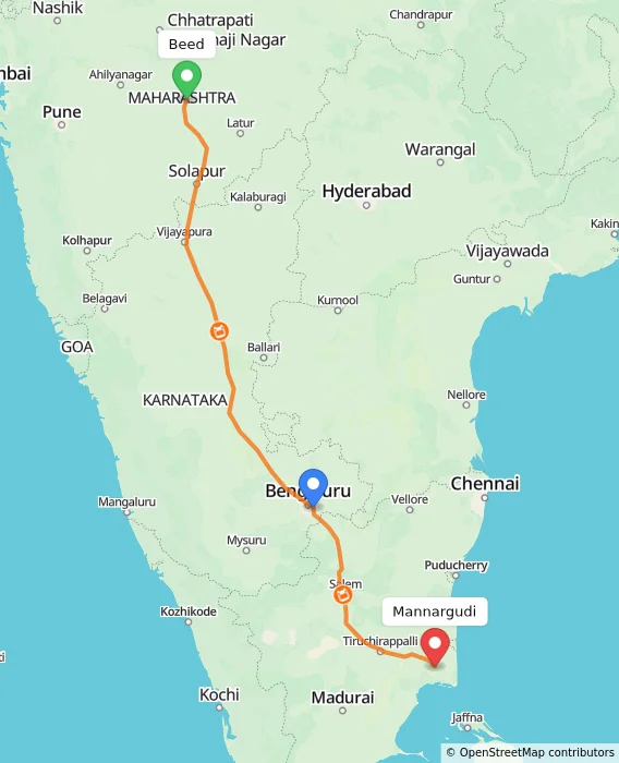 Route map showing distance and travel time from Beed, India to Mannargudi, India