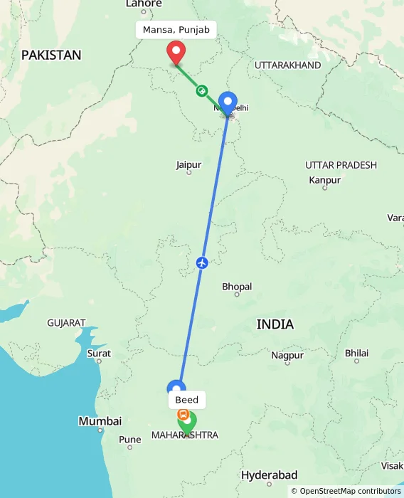 Route map showing distance and travel time from Beed, India to Mansa, Punjab, India