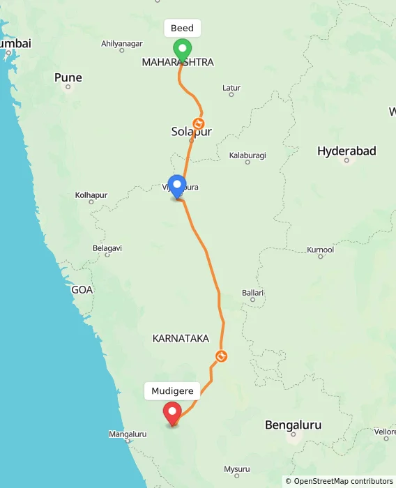 Route map showing distance and travel time from Beed, India to Mudigere, India