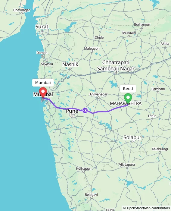Route map showing distance and travel time from Beed, India to Mumbai, India