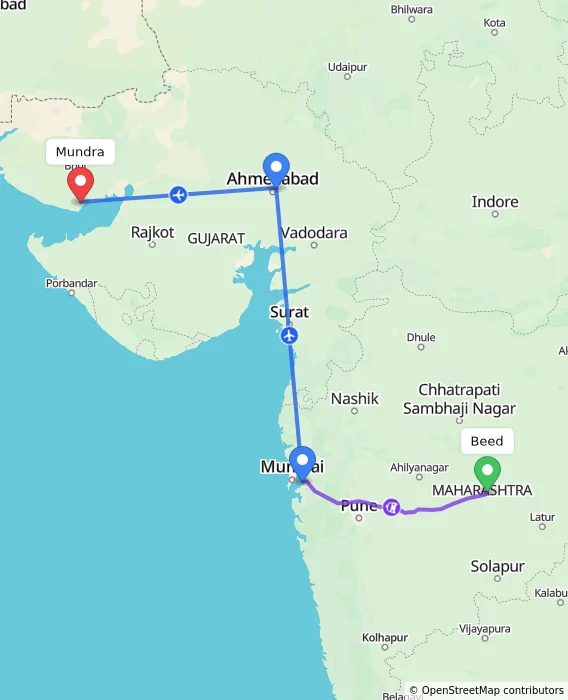 Route map showing distance and travel time from Beed, India to Mundra, India