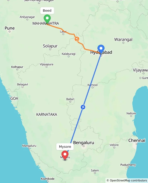 Route map showing distance and travel time from Beed, India to Mysore, India