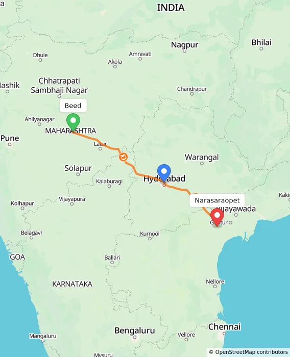 Route map showing distance and travel time from Beed, India to Narasaraopet, India