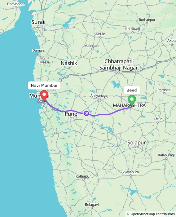 Route map showing distance and travel time from Beed, India to Navi Mumbai, India