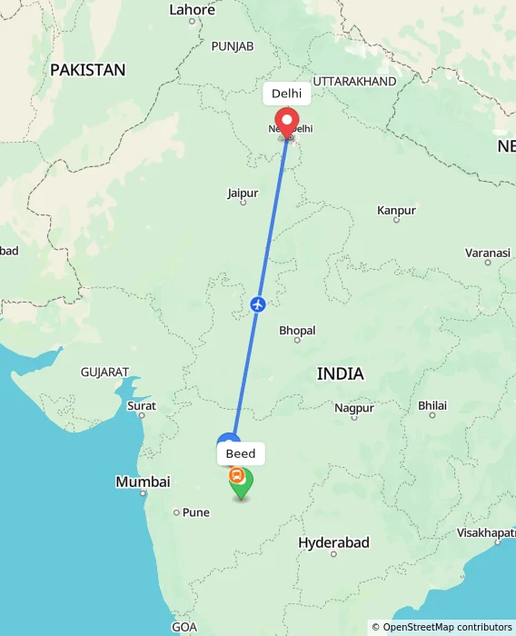 Route map showing distance and travel time from Beed, India to Delhi, India