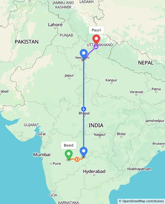 Route map showing distance and travel time from Beed, India to Pauri, India