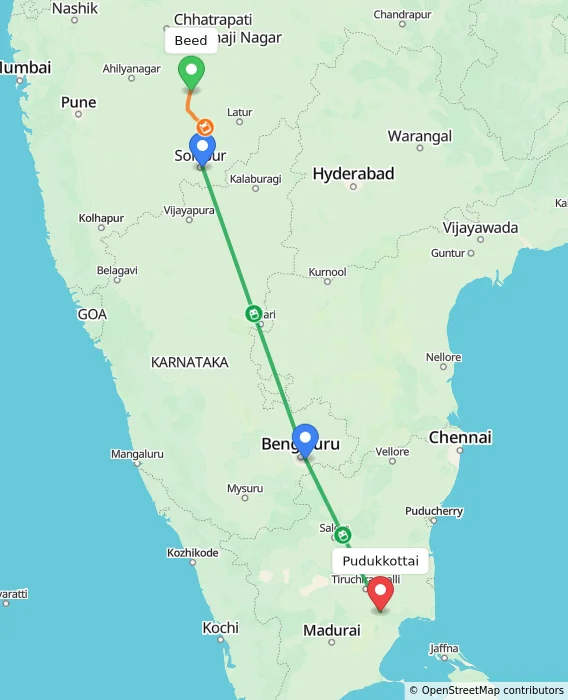 Route map showing distance and travel time from Beed, India to Pudukkottai, India