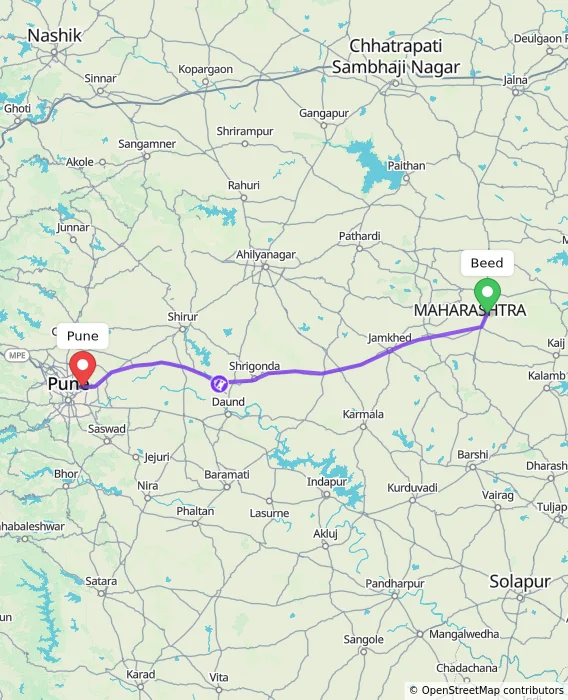 Route map showing distance and travel time from Beed, India to Pune, India