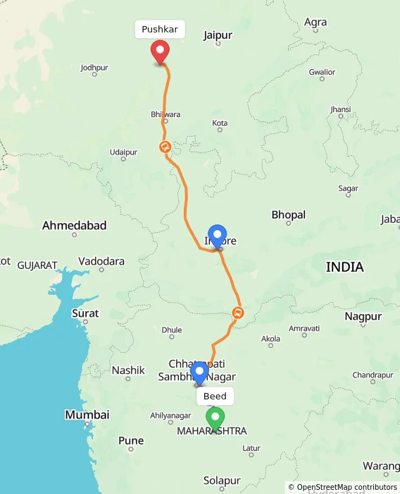 Route map showing distance and travel time from Beed, India to Pushkar, India
