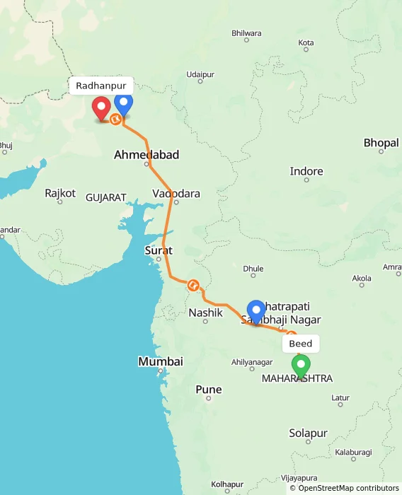 Route map showing distance and travel time from Beed, India to Radhanpur, India