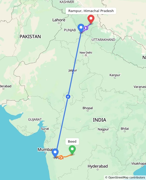 Route map showing distance and travel time from Beed, India to Rampur, Himachal Pradesh, India