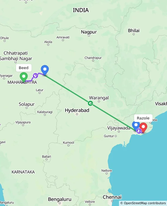 Route map showing distance and travel time from Beed, India to Razole, India