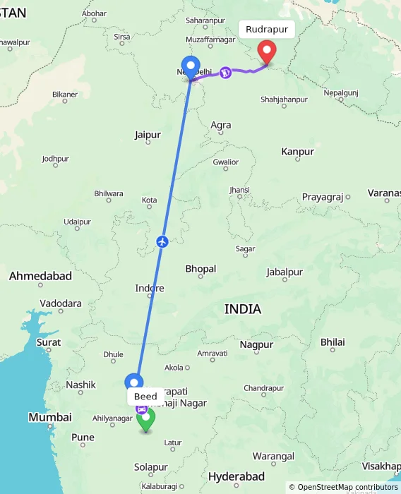 Route map showing distance and travel time from Beed, India to Rudrapur, India