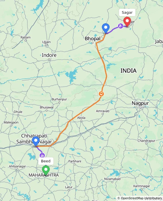 Route map showing distance and travel time from Beed, India to Sagar, India
