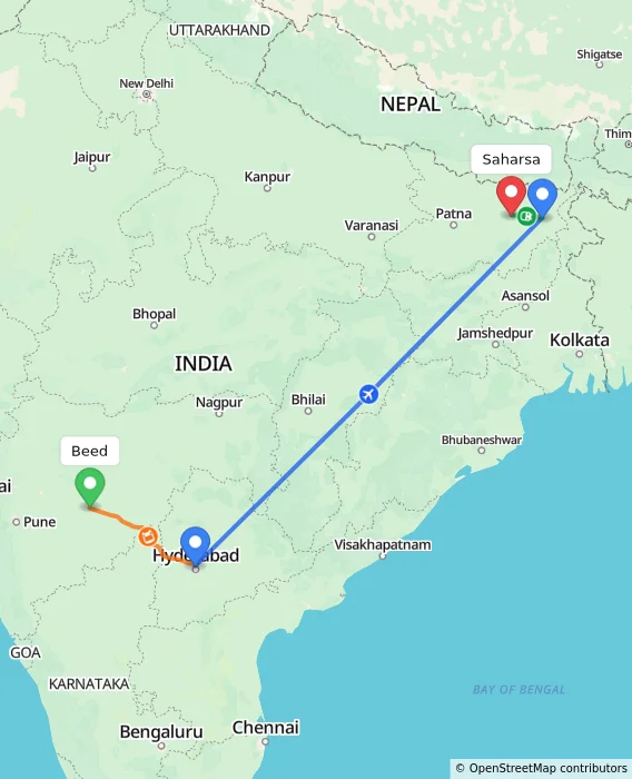 Route map showing distance and travel time from Beed, India to Saharsa, India