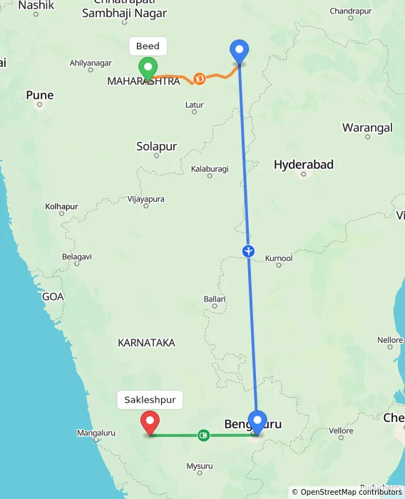 Route map showing distance and travel time from Beed, India to Sakleshpur, India