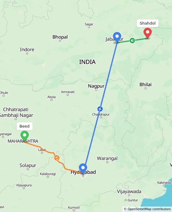 Route map showing distance and travel time from Beed, India to Shahdol, India