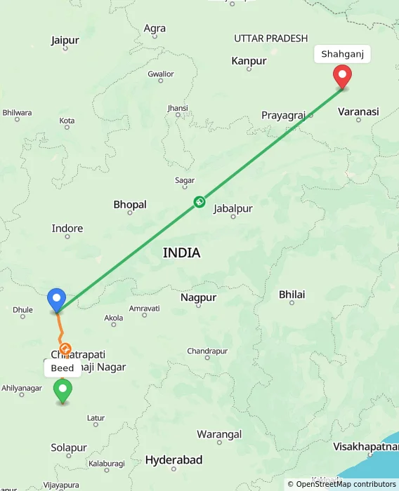Route map showing distance and travel time from Beed, India to Shahganj, India
