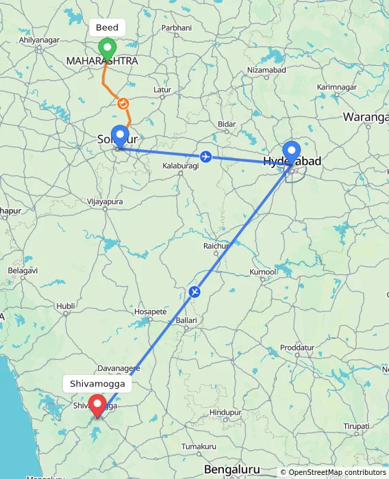 Route map showing distance and travel time from Beed, India to Shivamogga, India