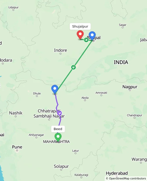 Route map showing distance and travel time from Beed, India to Shujalpur, India