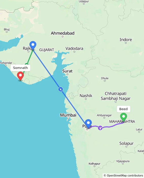 Route map showing distance and travel time from Beed, India to Somnath, India