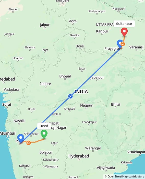 Route map showing distance and travel time from Beed, India to Sultanpur, India