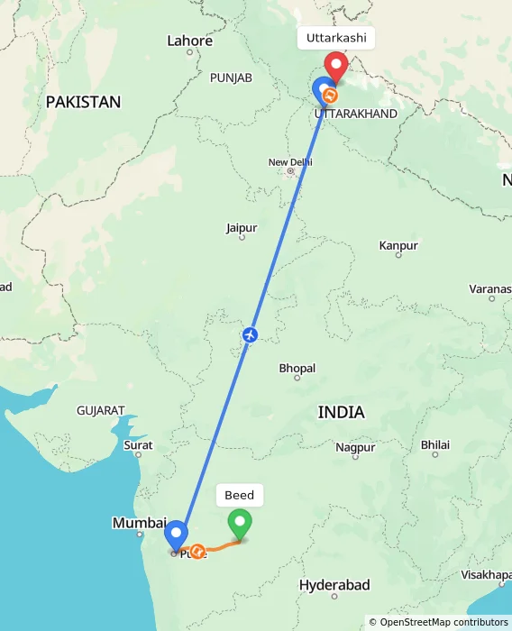 Route map showing distance and travel time from Beed, India to Uttarkashi, India