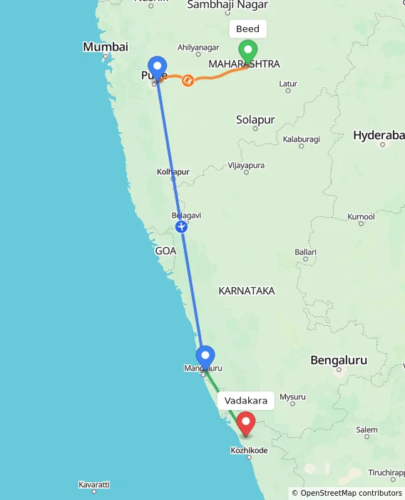 Route map showing distance and travel time from Beed, India to Vadakara, India