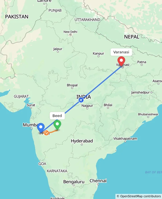 Route map showing distance and travel time from Beed, India to Varanasi, India