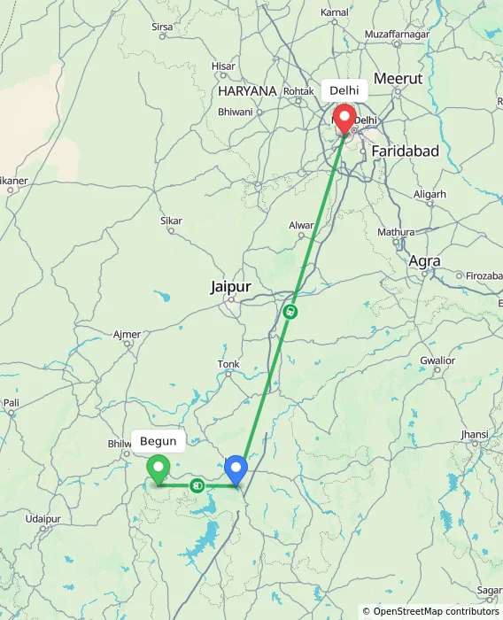 Route map showing distance and travel time from Begun, India to Delhi, India