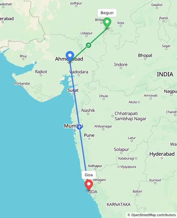 Route map showing distance and travel time from Begun, India to Goa, India