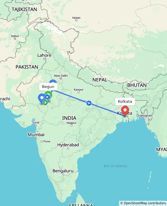 Route map showing distance and travel time from Begun, India to Kolkata, India