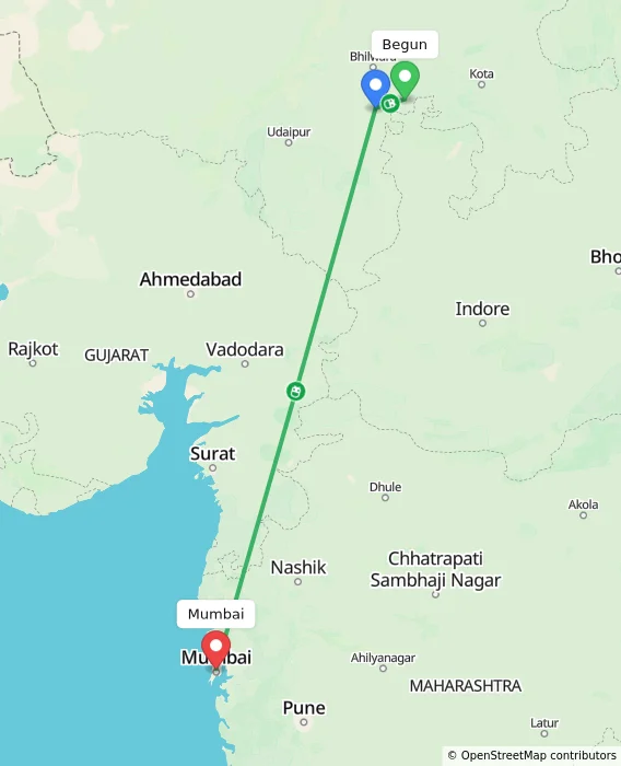 Route map showing distance and travel time from Begun, India to Mumbai, India