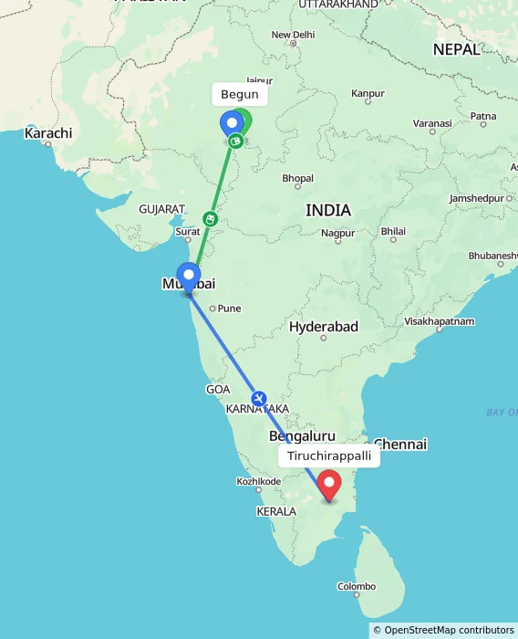 Route map showing distance and travel time from Begun, India to Tiruchirappalli, India