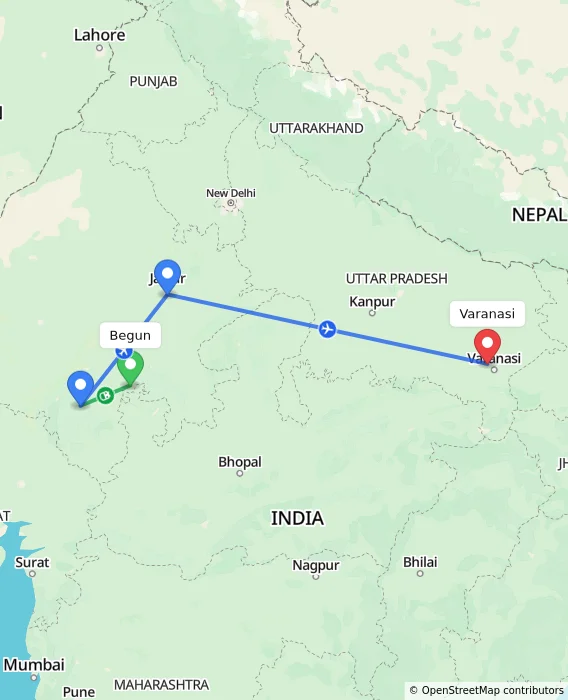 Route map showing distance and travel time from Begun, India to Varanasi, India