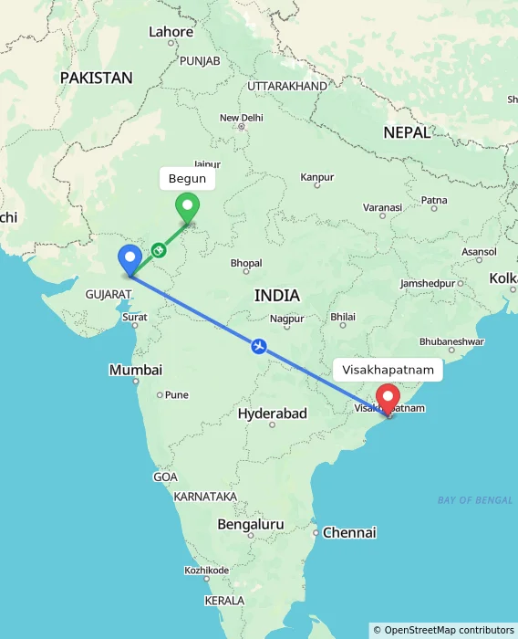 Route map showing distance and travel time from Begun, India to Visakhapatnam, India