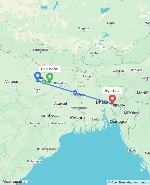 Route map showing distance and travel time from Begusarai, India to Agartala, India