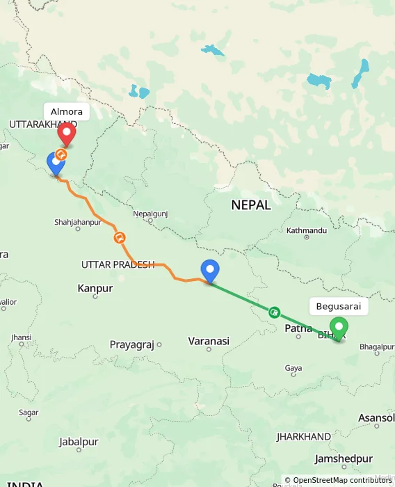 Route map showing distance and travel time from Begusarai, India to Almora, India