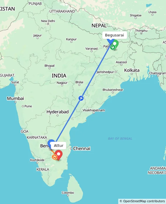 Route map showing distance and travel time from Begusarai, India to Attur, India