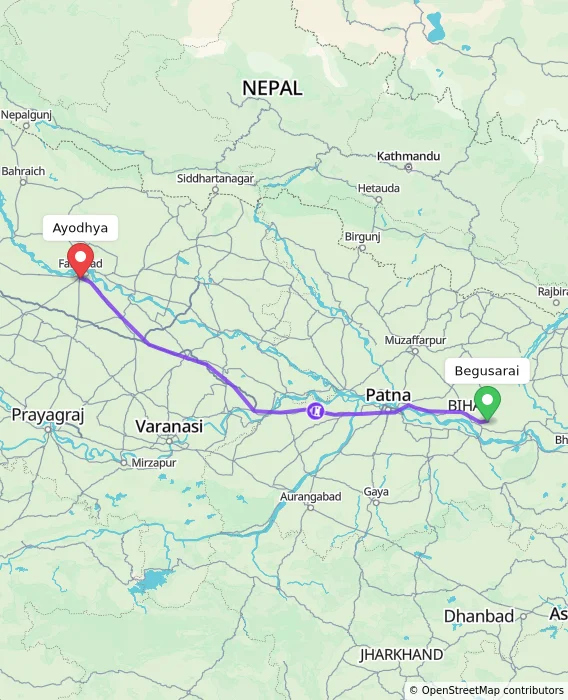 Route map showing distance and travel time from Begusarai, India to Ayodhya, India