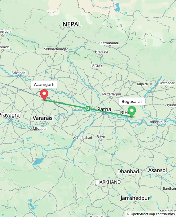 Route map showing distance and travel time from Begusarai, India to Azamgarh, India