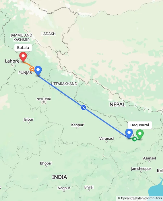 Route map showing distance and travel time from Begusarai, India to Batala, India