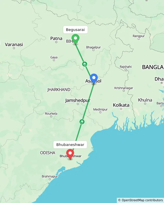 Route map showing distance and travel time from Begusarai, India to Bhubaneshwar, India